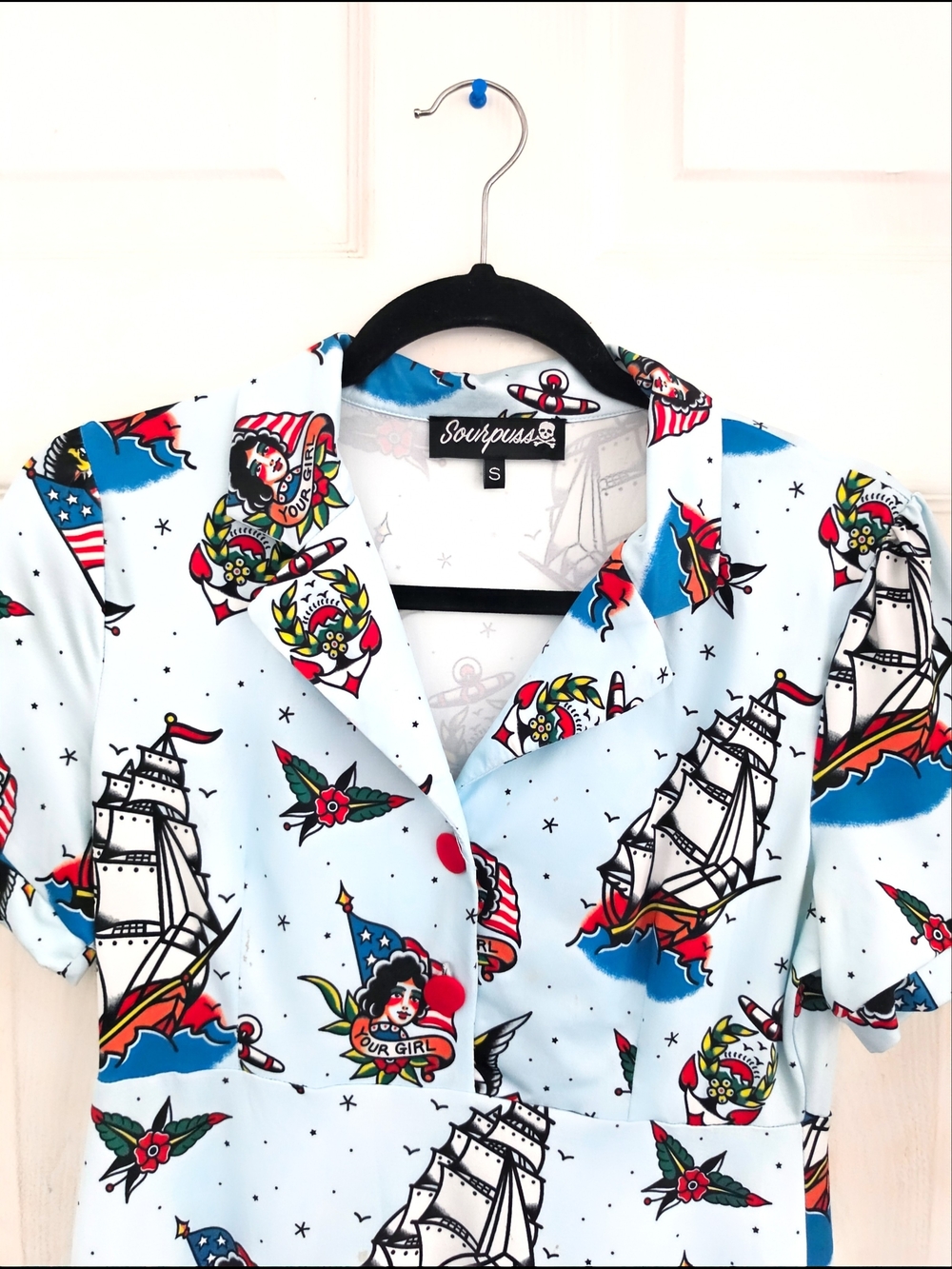 Sourpuss Light Blue Nautical Tattoo Button-Up Mini Dress - Picture 2 of 4